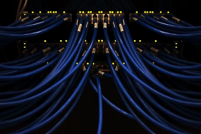 Blue cords neatly organized into IT system